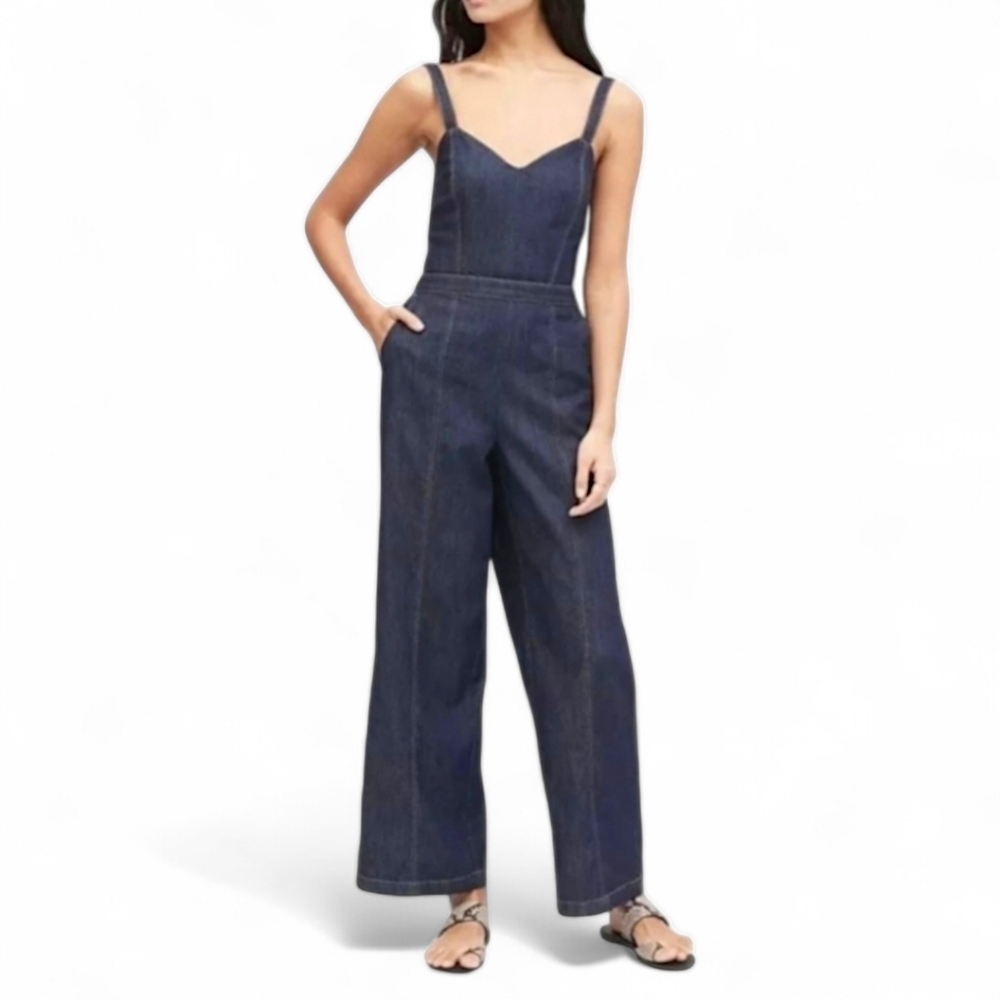Banana Republic 70s Wide Leg Denim Jumpsuit Adjustable Strap Smocked Back 6P